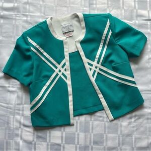 Leslie Belle Petite Short Sleeve Blue & White Open Front Dress Jacket